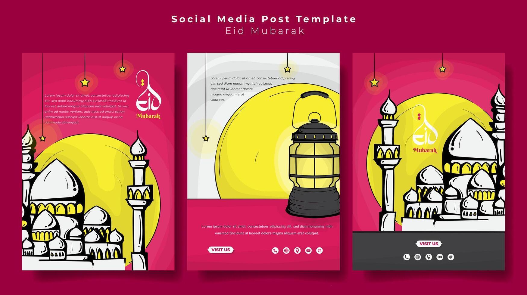 Set of portrait social media post template in pink background with lantern and mosque in line art design. Portrait islamic background for eid mubarak or ramadan kareem design vector