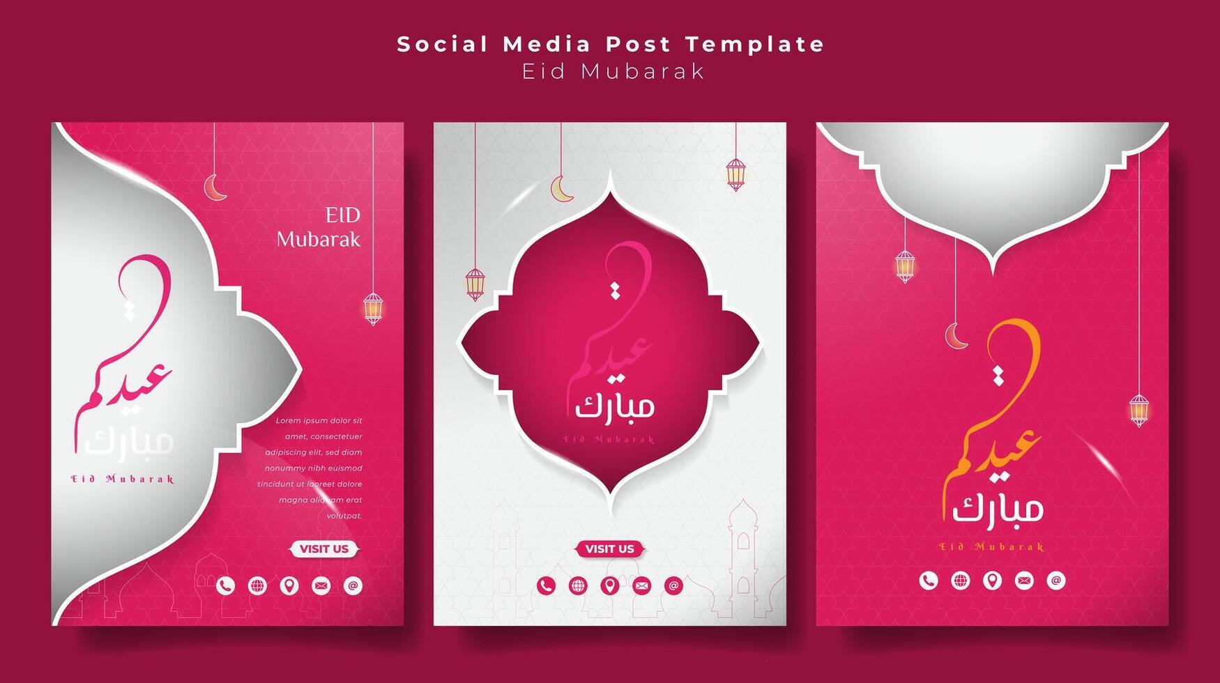 Set of portrait social media post template in pink and white design with arabic calligraphy. arabic text mean is eid mubarak. feminine islamic background in pink white design vector