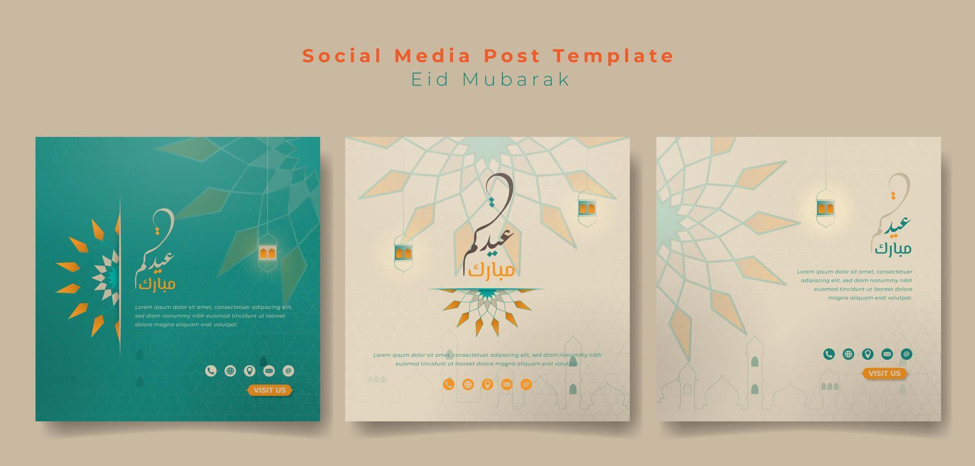 Set of social media post template with mandala ornamental design and line art of mosque and lantern design. Islamic social media post template for eid mubarak. arabic text mean is eid mubarak. vector