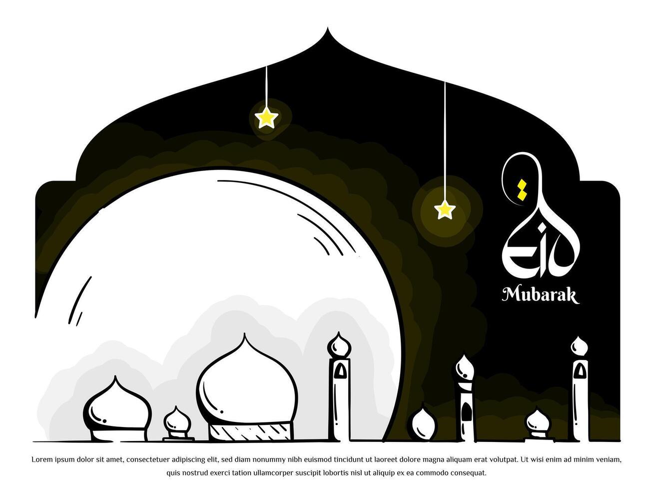 Black white islamic background with mosque and mood in black for eid mubarak template design. islamic background in line art of mosque and moon design vector