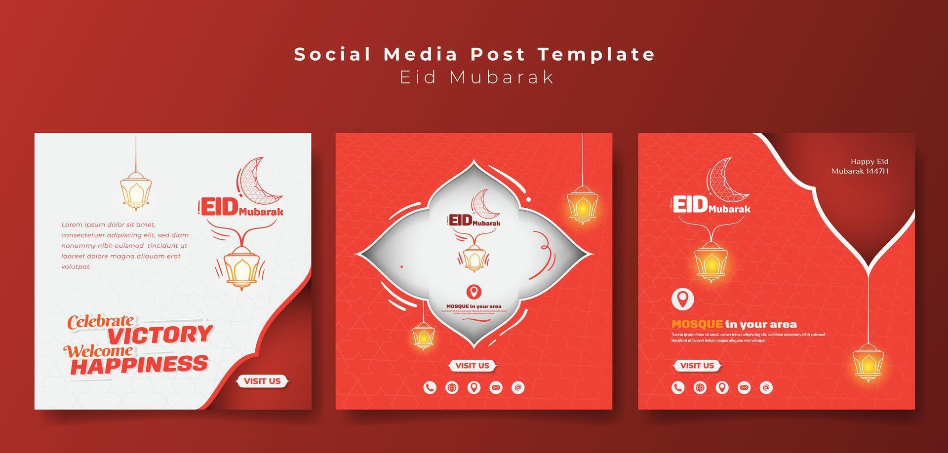 Set of social media post template in orange design with lantern and line art of simple ornamental design. Islamic background in orange and white design vector