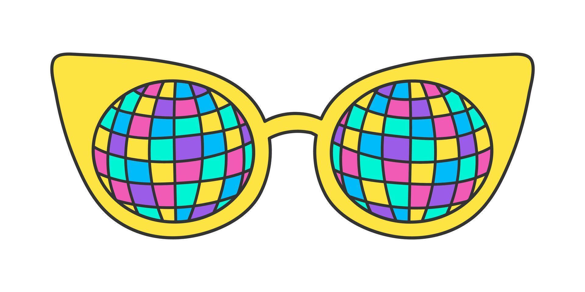 neón maravilloso Gafas de sol en un blanco fondo, Clásico hippie accesorio. gato ojo marco, disco pelota modelo en vaso. retro pegatina, nostálgico vector garabatear elemento en 70s estilo.