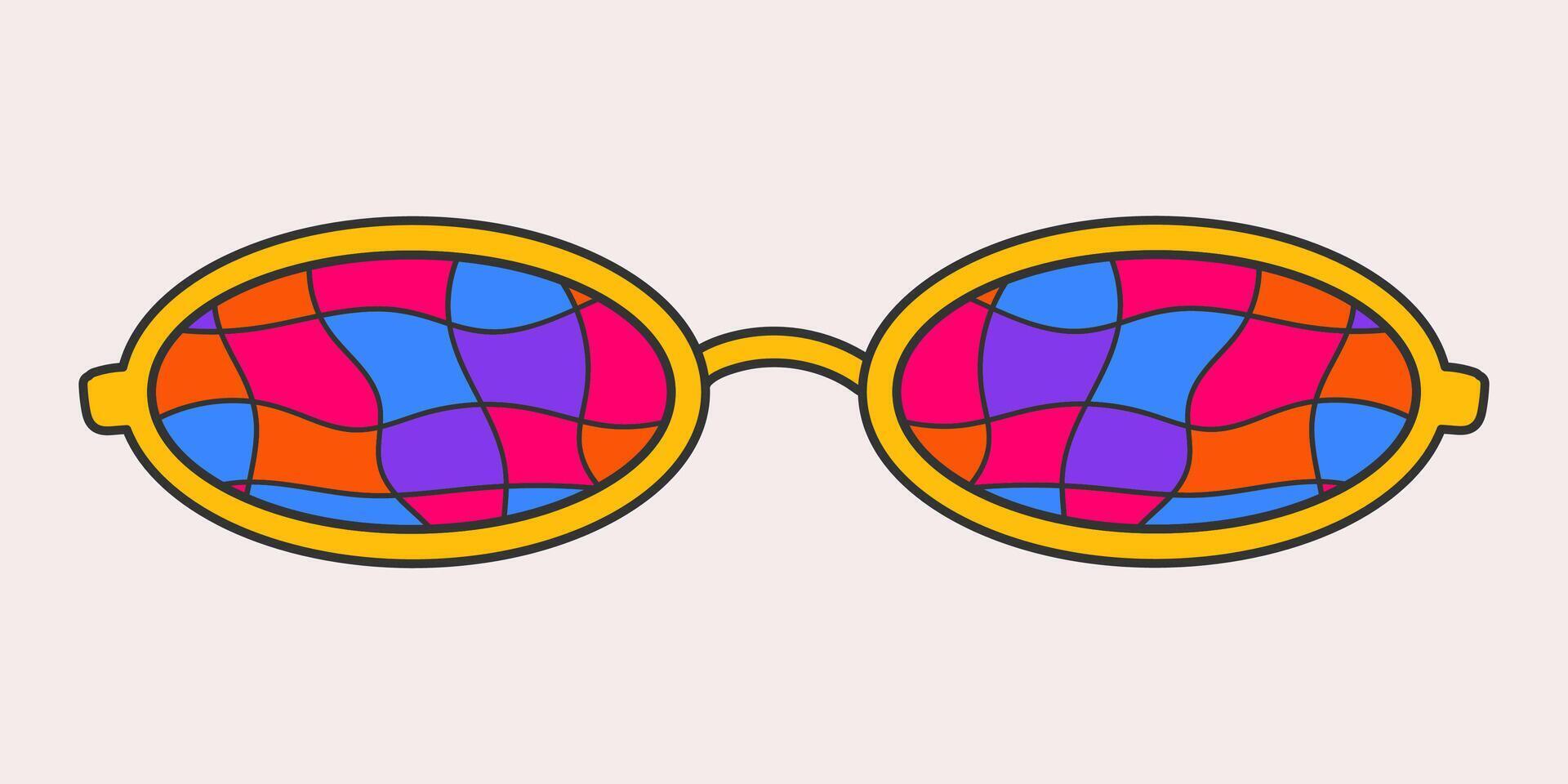 Bright oval sunglasses in a groovy style isolated on a light background. Vintage retro colors, check print on glass. Psychedelic vector doodle sticker, 70s, nostalgia, hippie.
