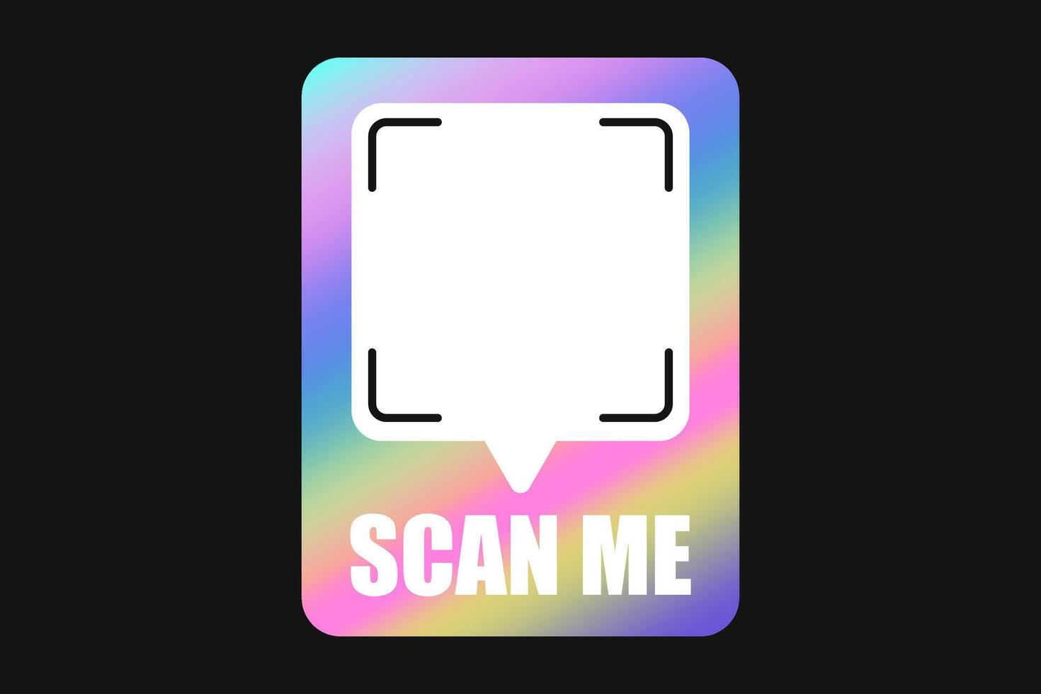 Neon vector frame QR code, scan me phone label template. Qr code mockup, Y2K holographic rainbow smartphone identifier icon with barcode on dark background.