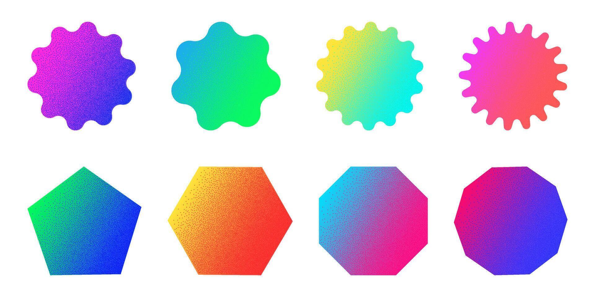 Set of neon geometric stickers with textured stipple effect isolated on white background. Gradient shapes of bright colors in Y2K style, 90s, design template, mockup. vector