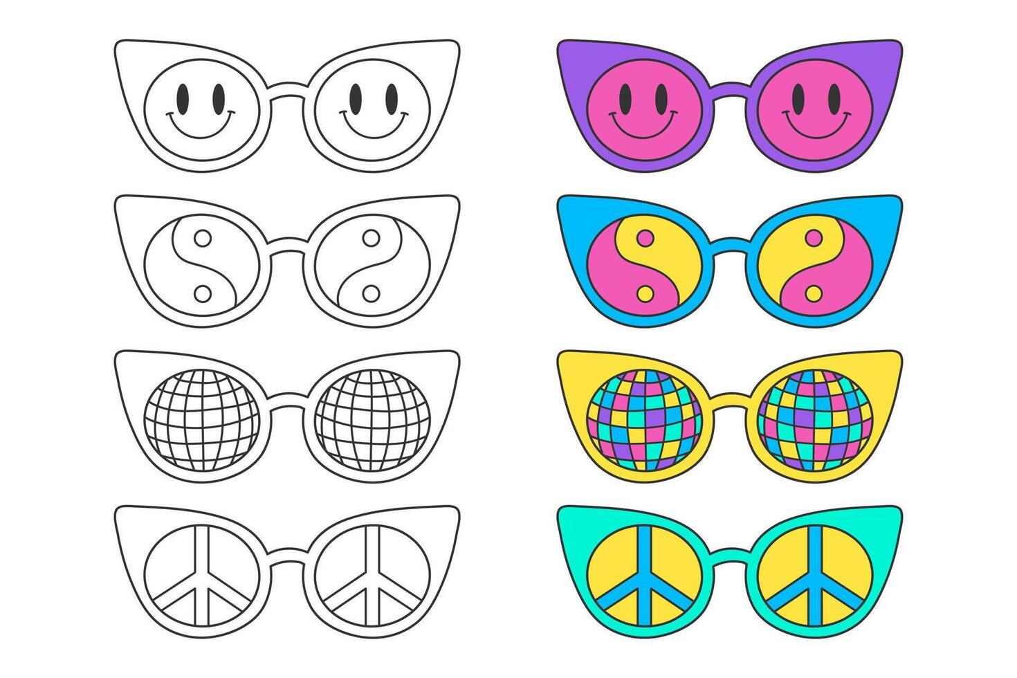 Cute coloring page, 70s style hippie sunglasses. Neon colors and outline doodle elements on a white background, a simple illustration for children. Print with peace sign, disco ball, smile, yin yang. vector