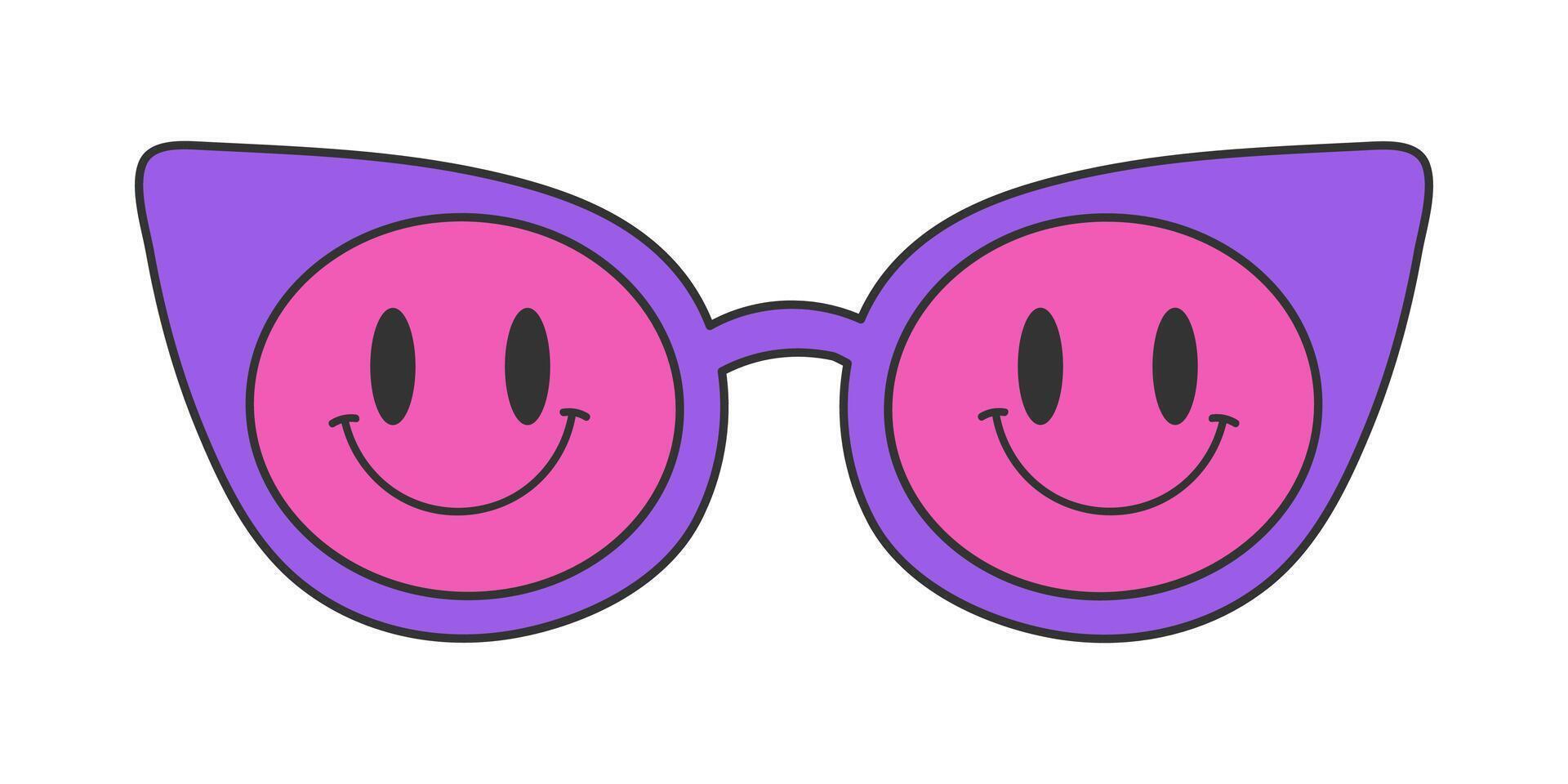 Neon groovy sunglasses on a white background, vintage hippie accessory. Cat eye frame, smile pattern on the glass. Retro sticker, nostalgic vector element in 70s style.