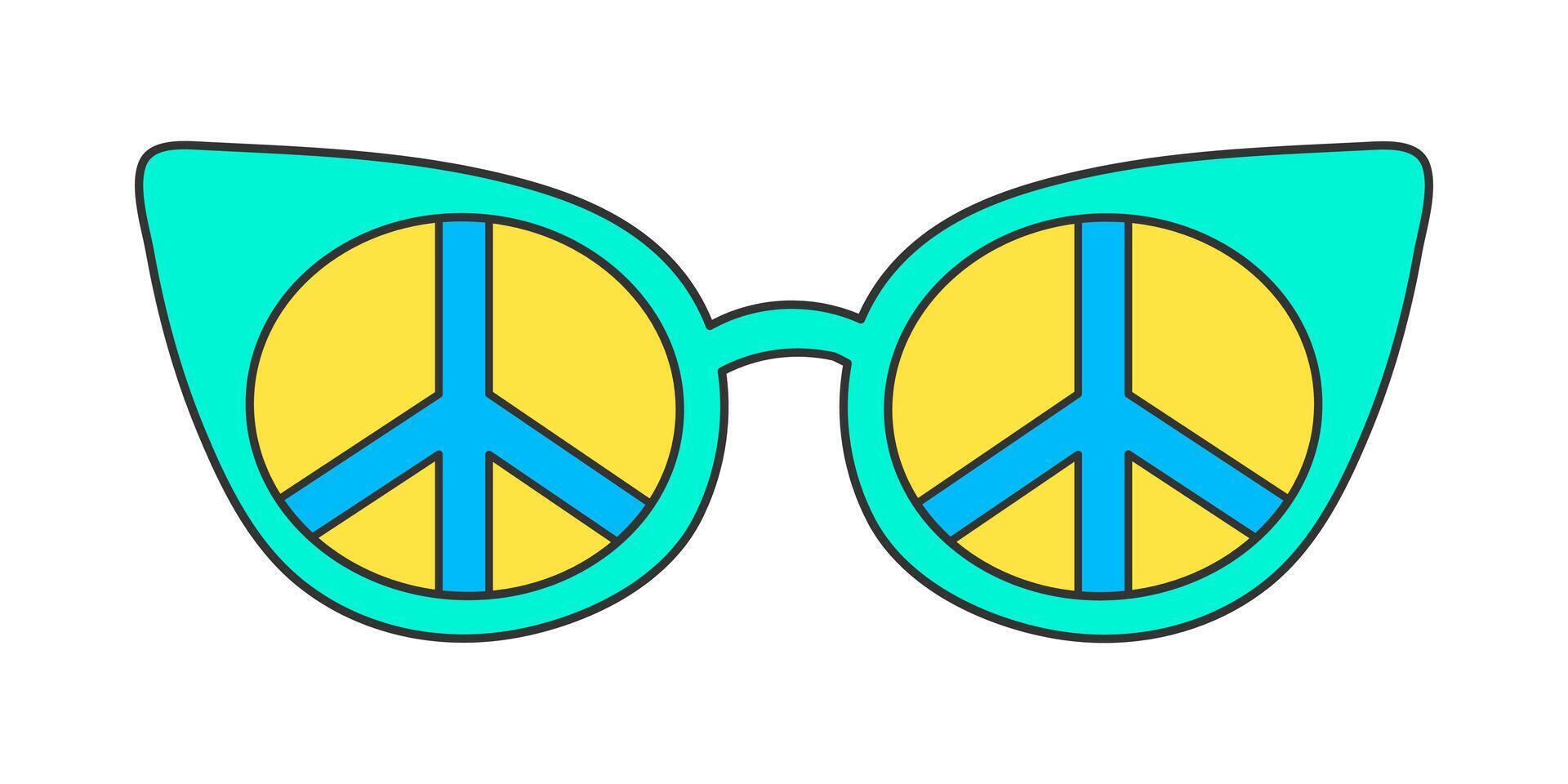 Neon groovy sunglasses on a white background, vintage hippie accessory. Cat eye frame, peace sign pattern on glass. Retro sticker, nostalgic vector doodle element in 70s style.