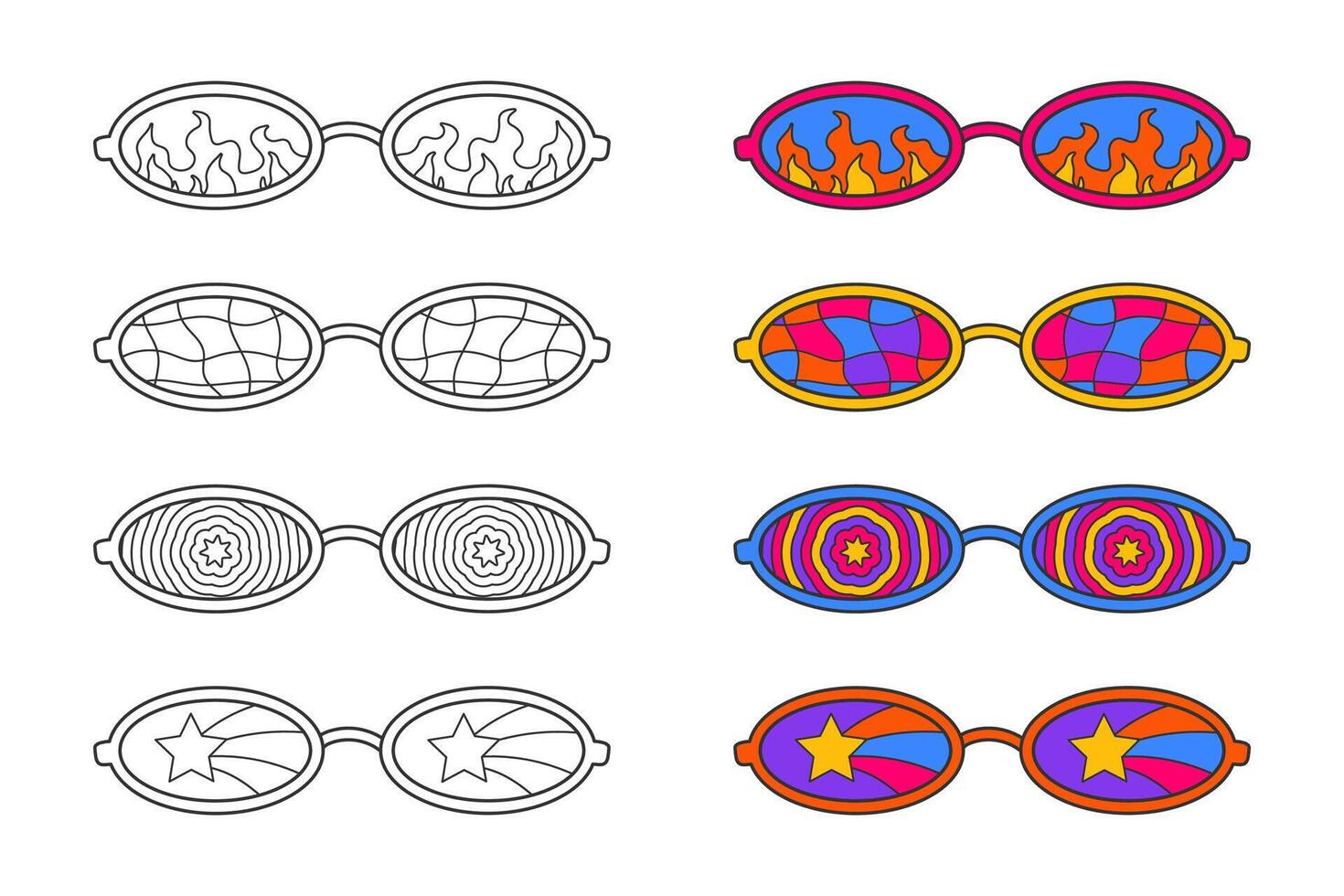 Cute coloring page, 70s style hippie oval sunglasses. Retro colors and contour doodle elements on a white background, a simple illustration for children. Print with check, stars and fire. vector