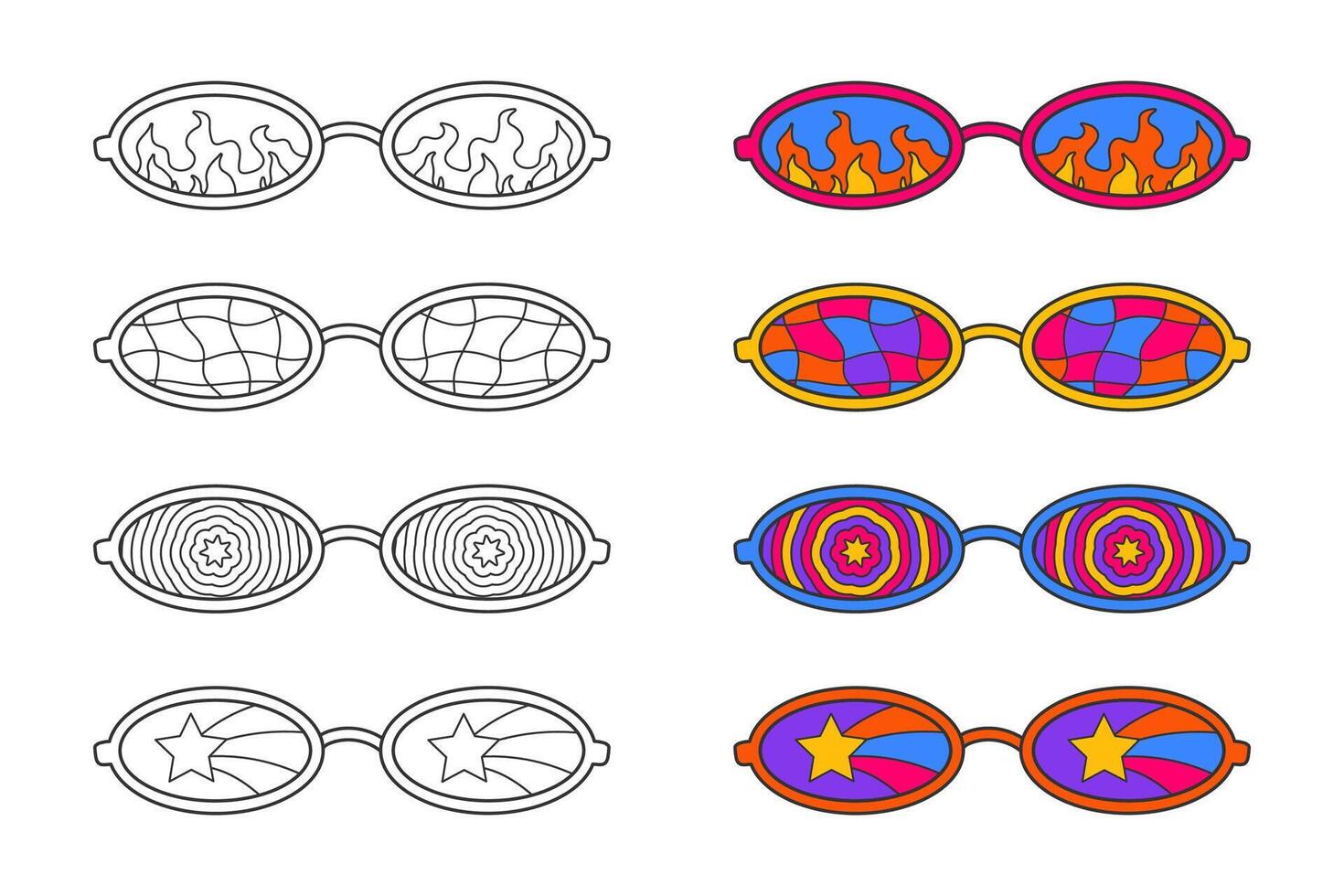 linda colorante página, 70s estilo hippie oval Gafas de sol. retro colores y contorno garabatear elementos en un blanco fondo, un sencillo ilustración para niños. impresión con controlar, estrellas y fuego. vector