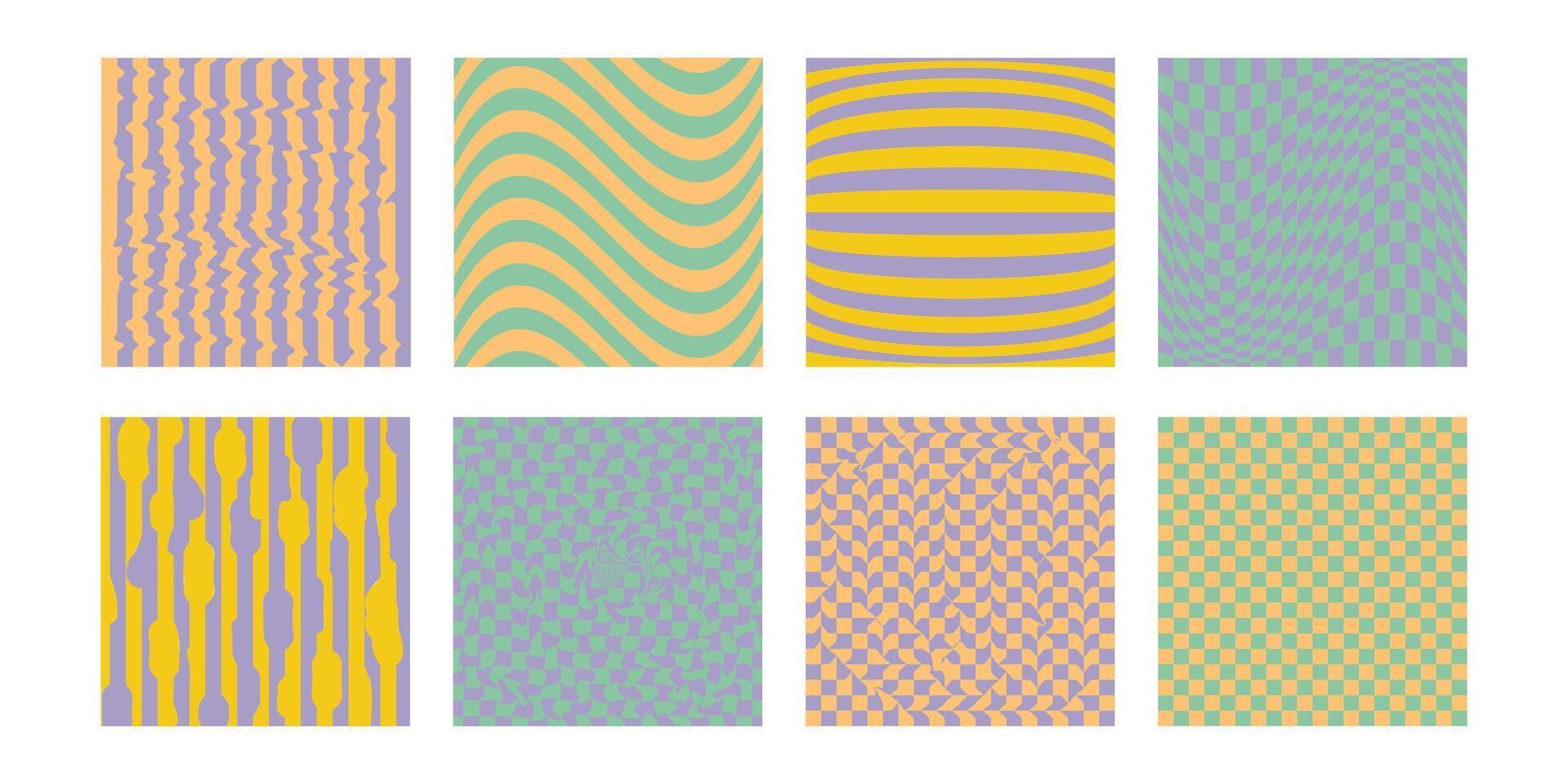 Groovy hippie chessboard pattern set. Retro 60s 70s psychedelic design. Gingham vintage vector wallpaper collection for print templates.