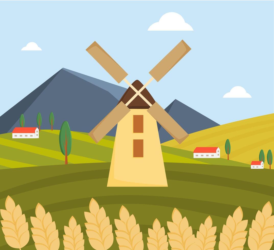 Countryside landscape with fields, mountains, mill, houses ears of wheat in the foreground. Farm, agriculture. Vector illustration.