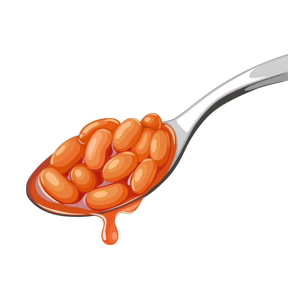 Vector illustration, spoonful of baked beans, isolated on white background.