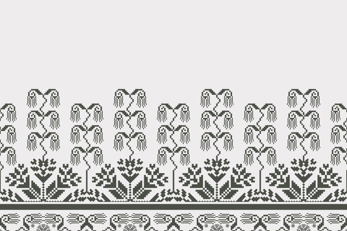 Monochrome gray ethnic floral embroidery pattern. Abstract ethnic floral embroidery geometric monochrome seamless pattern. Use for textile border, tablecloth, table runner, wallpaper, cushion. vector