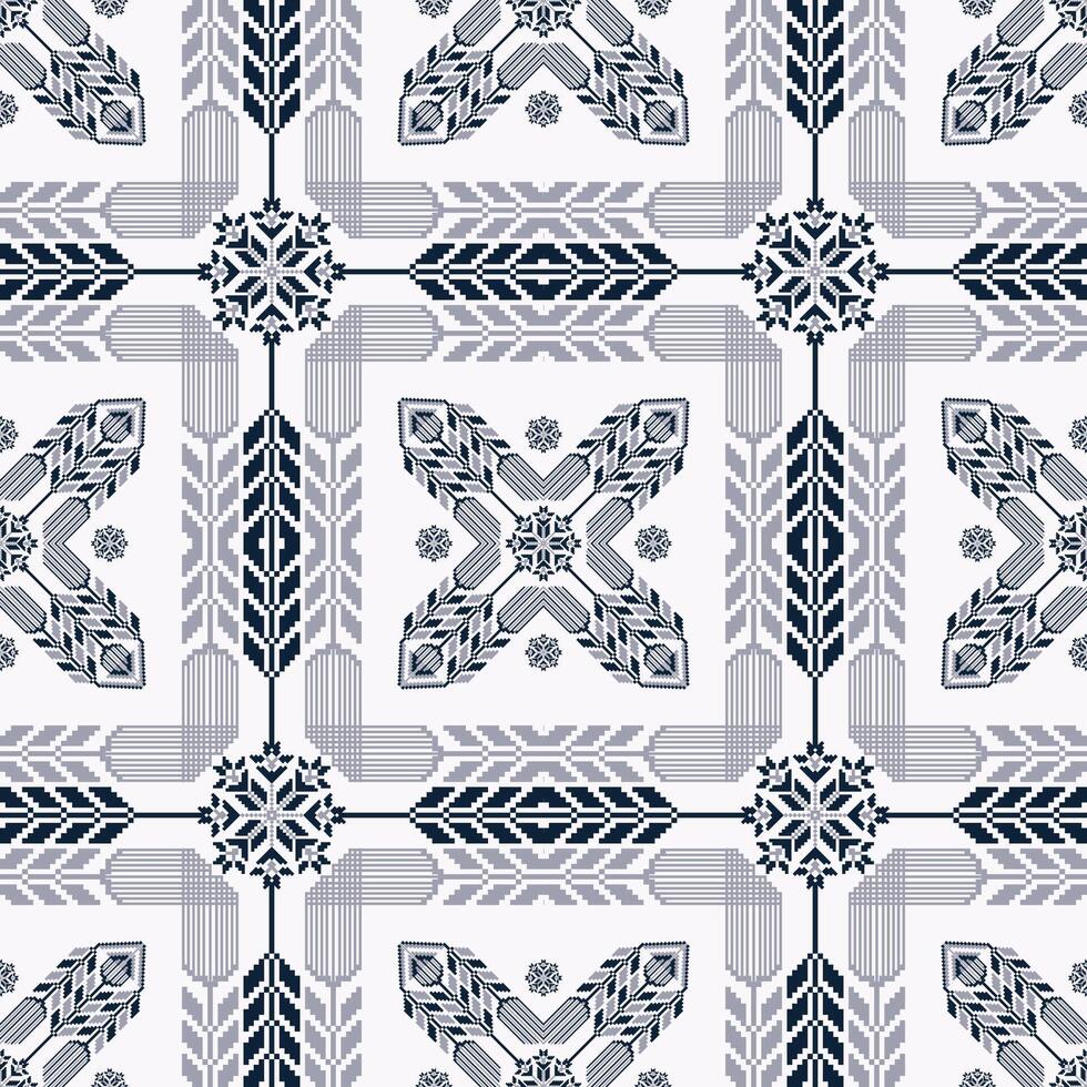 Embroidery floral geometric square pattern. Embroidery folk geometric floral square tile seamless pattern. Ethnic geometric cross stitch pattern use for textile, home decoration elements, etc. vector