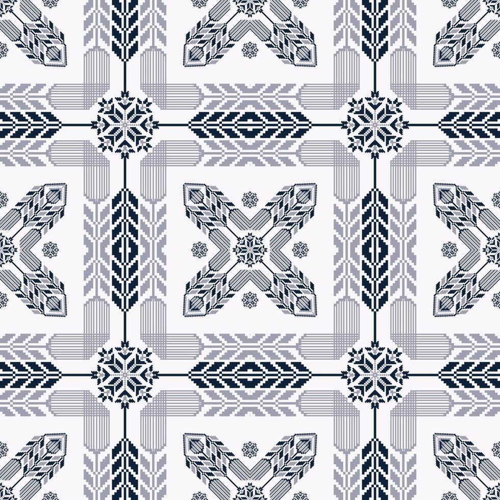 Embroidery floral geometric square pattern. Embroidery folk geometric floral square tile seamless pattern. Ethnic geometric cross stitch pattern use for textile, home decoration elements, etc. vector