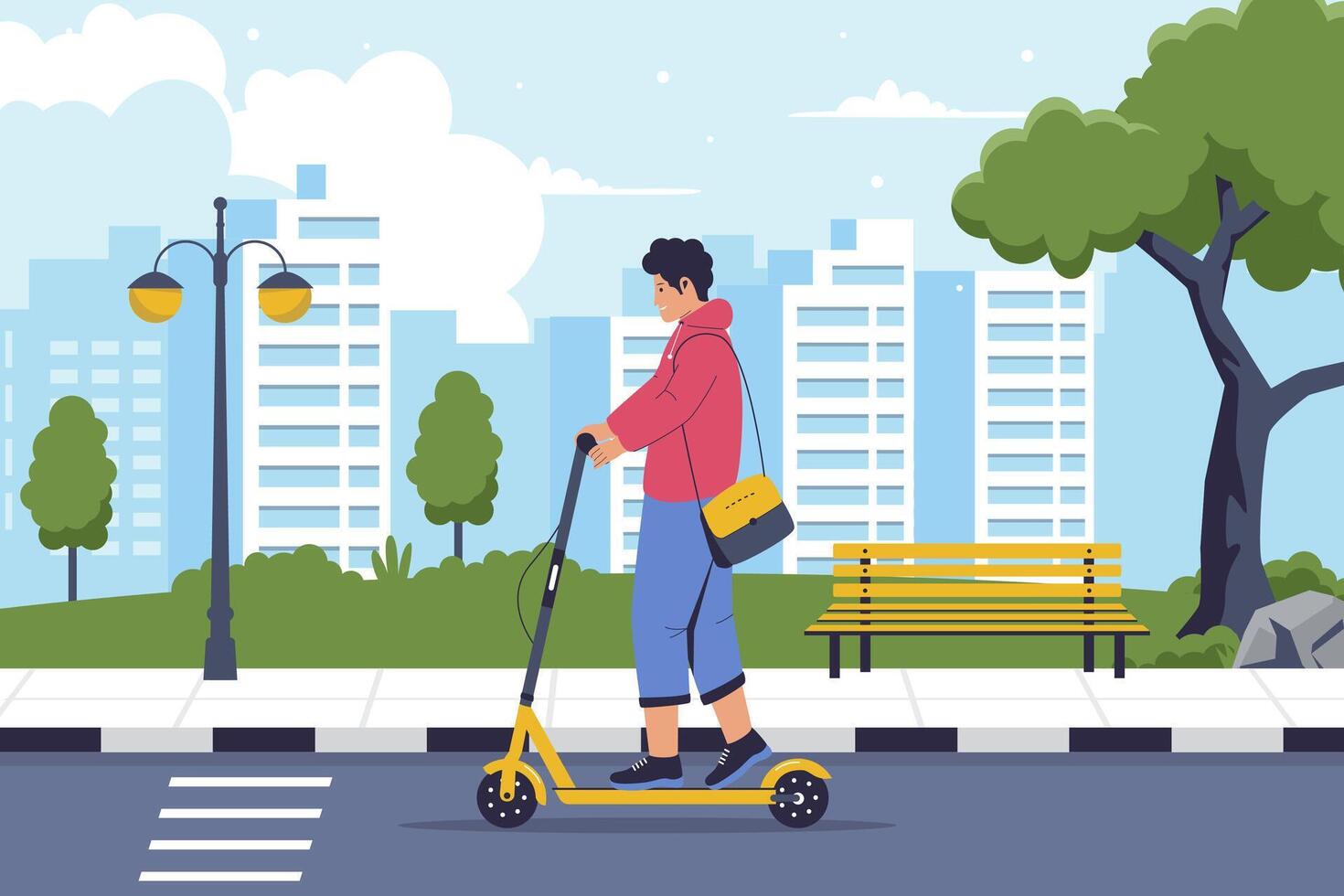 personas montando scooter en el moderno ciudad calle vector ilustración