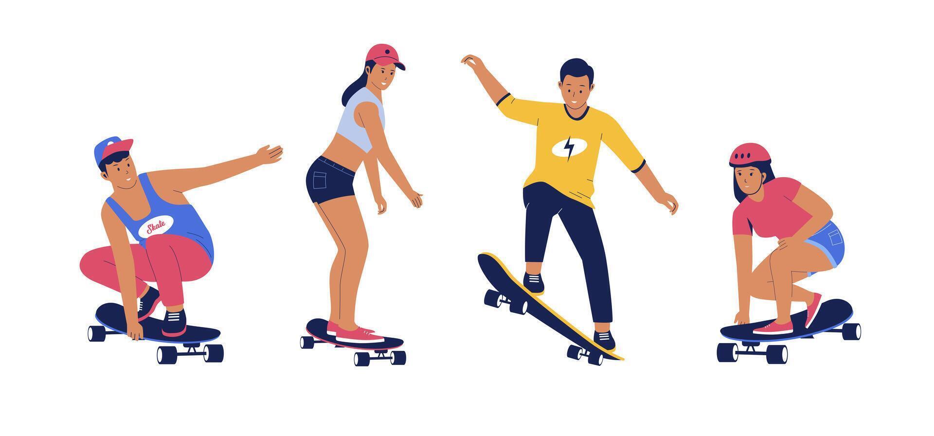 conjunto de moderno patinadores saltando con patinetas vector