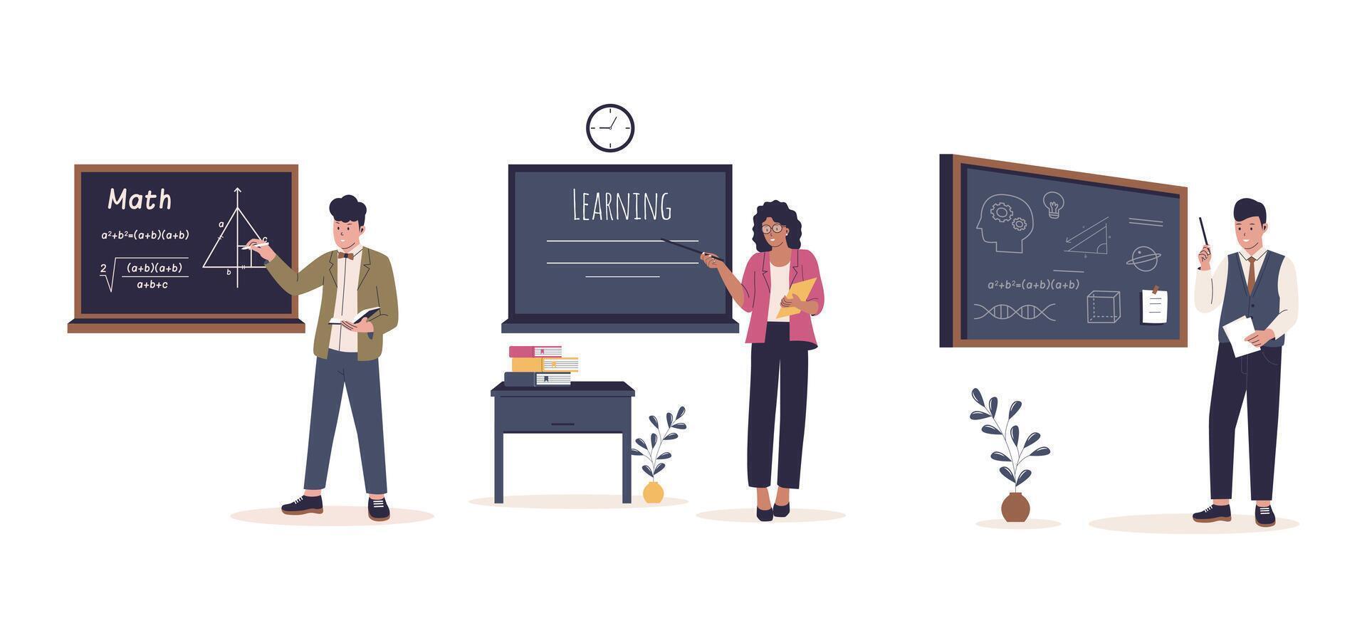 Vector set of people teacher at blackboard