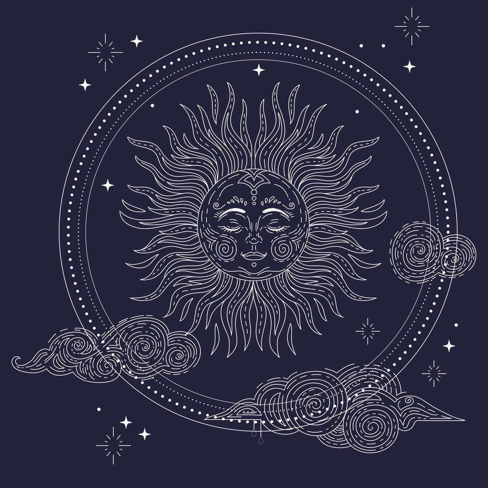 Sun in the sky with stars linear hand drawing illustration vector