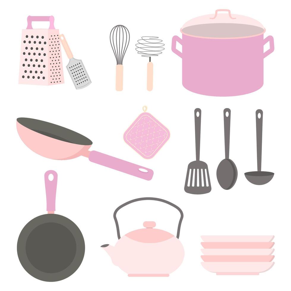 Set of pink kitchen utensil for cooking illustration vector