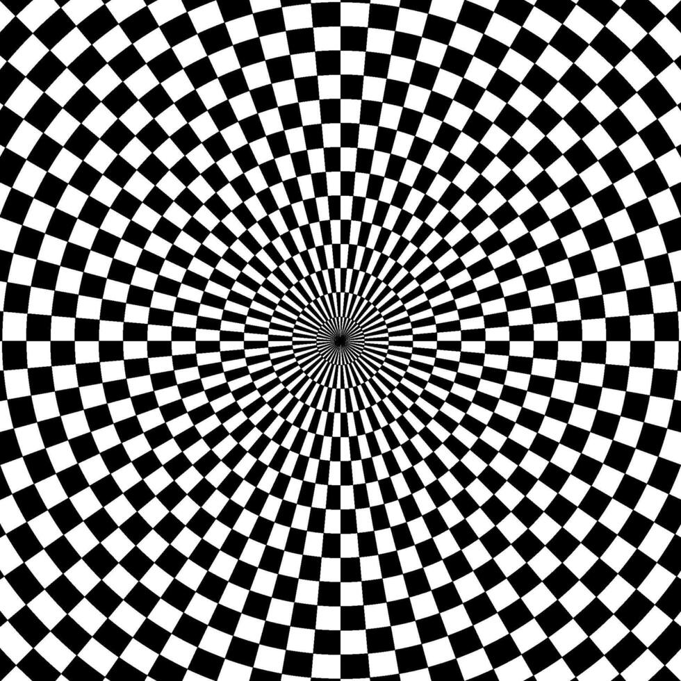 Psychedelic checkered circle background. Round background with checkerboard pattern. Chequer psychedelic mosaic. Chess optical texture. Vector illustration on white background