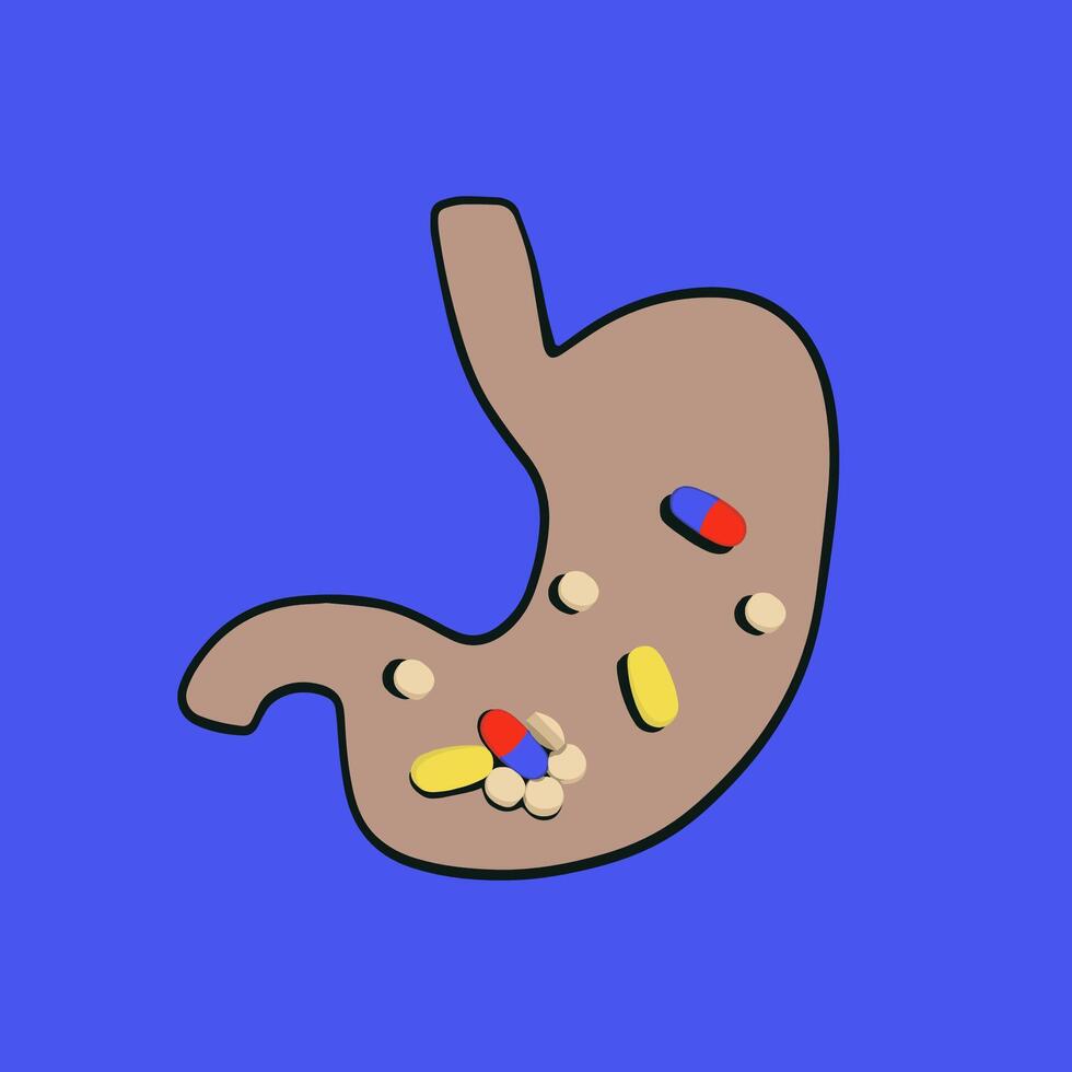 Vector isolated illustration of human stomach with pills and capsules in it. Probiotics to restore the microflora of the stomach. A picture of a stomach with probiotics.