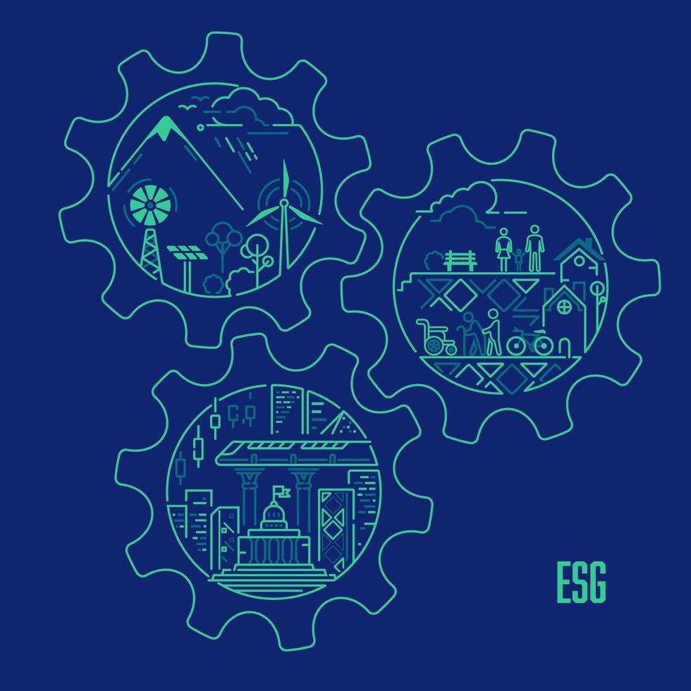 concept of ESG or environmental social and governance, graphic gear wheels combined with ecology element inside vector