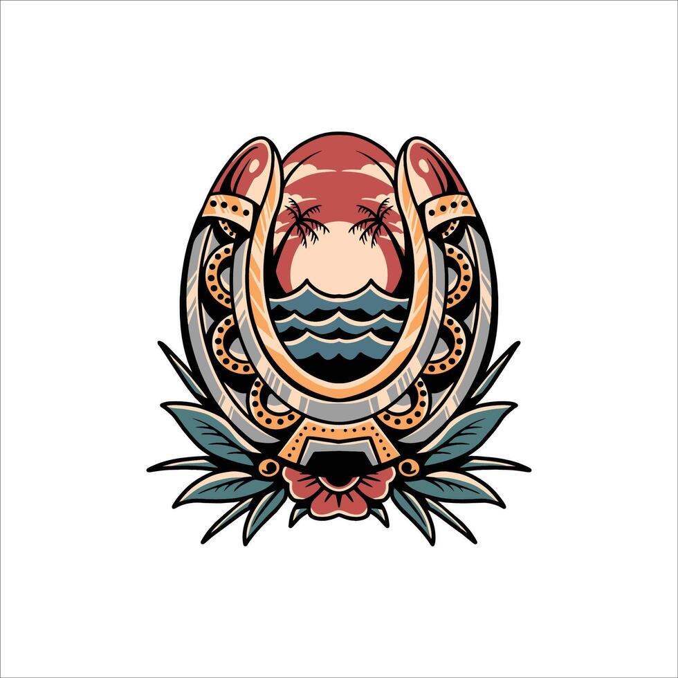 horseshoe and beach tattoo vector design