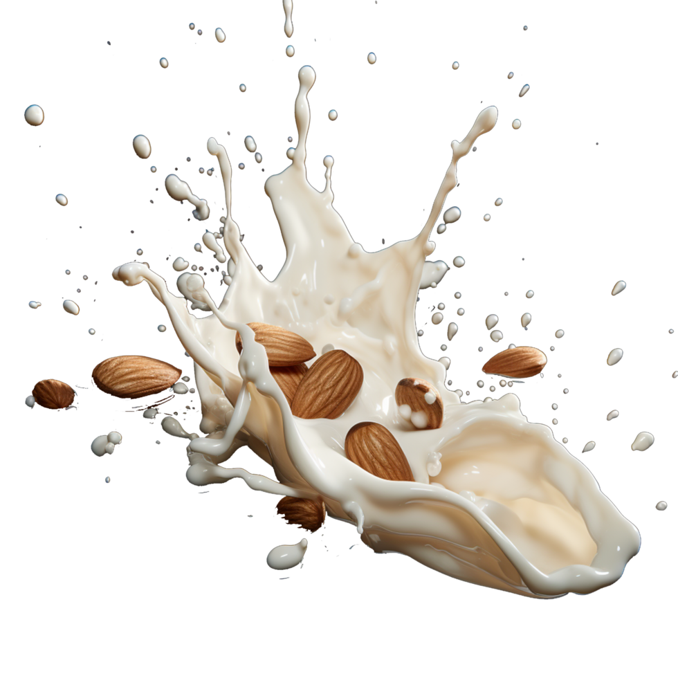 ai généré Lait éclaboussure avec amandes isolé sur transparent Contexte png