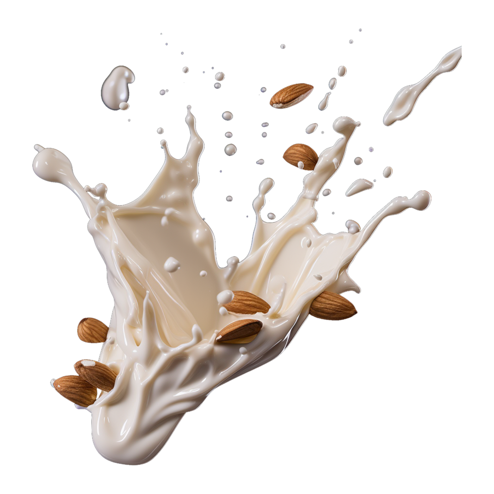 ai généré Lait éclaboussure avec amandes isolé sur transparent Contexte png