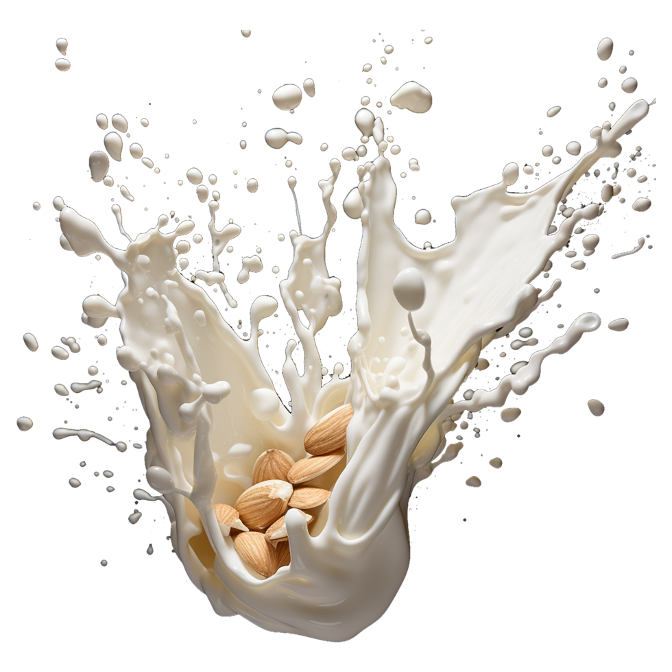AI generated Milk splash with almonds isolated on transparent background png