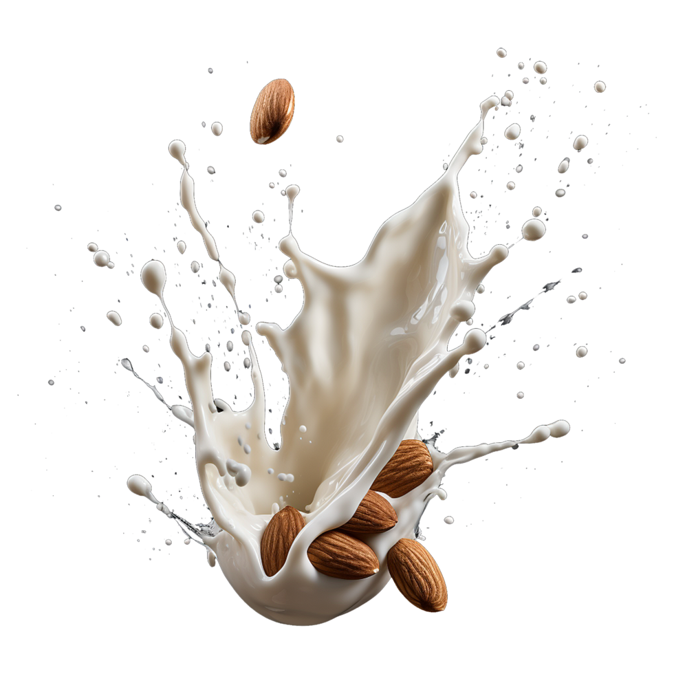 AI generated Milk splash with almonds isolated on transparent background png