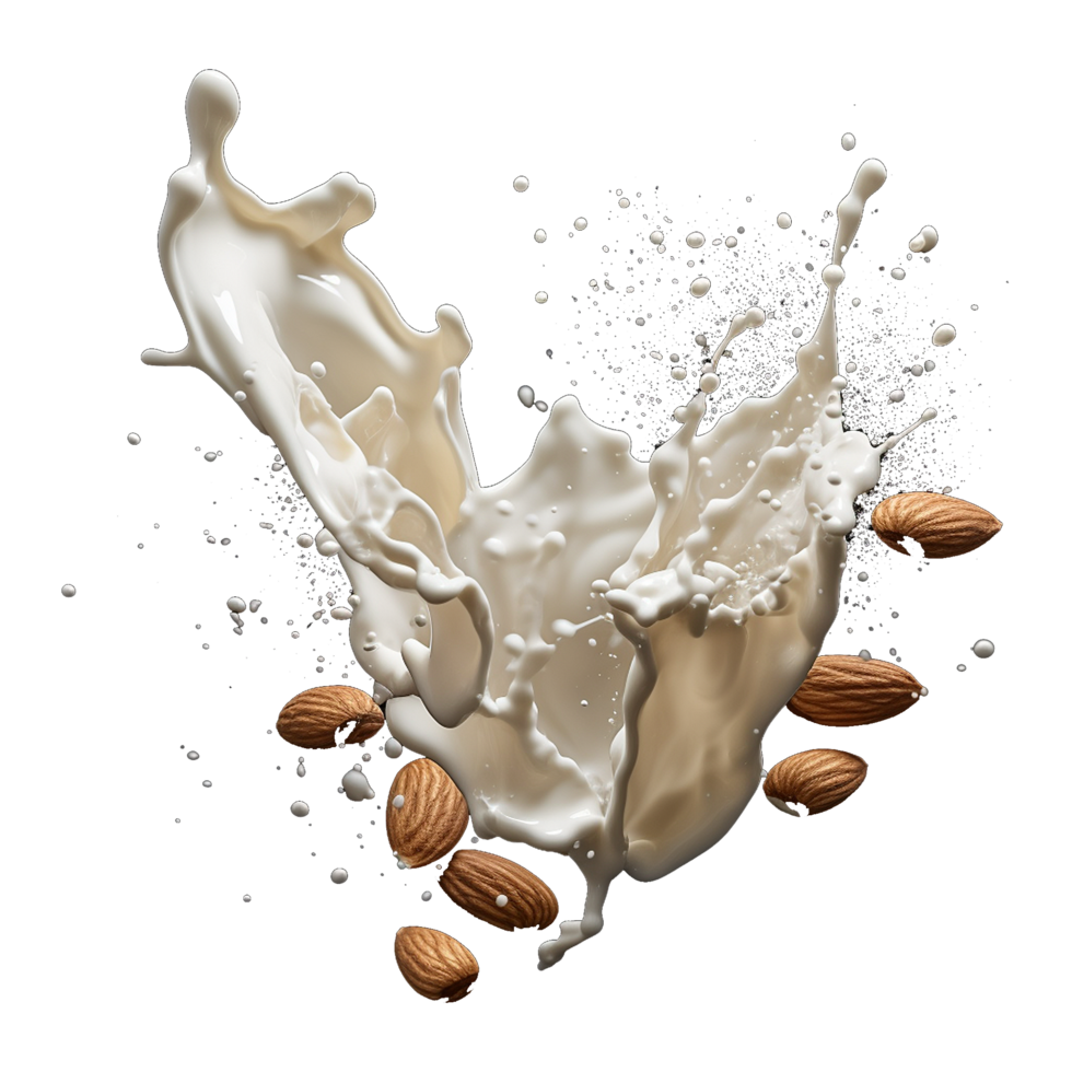 AI generated Milk splash with almonds isolated on transparent background png