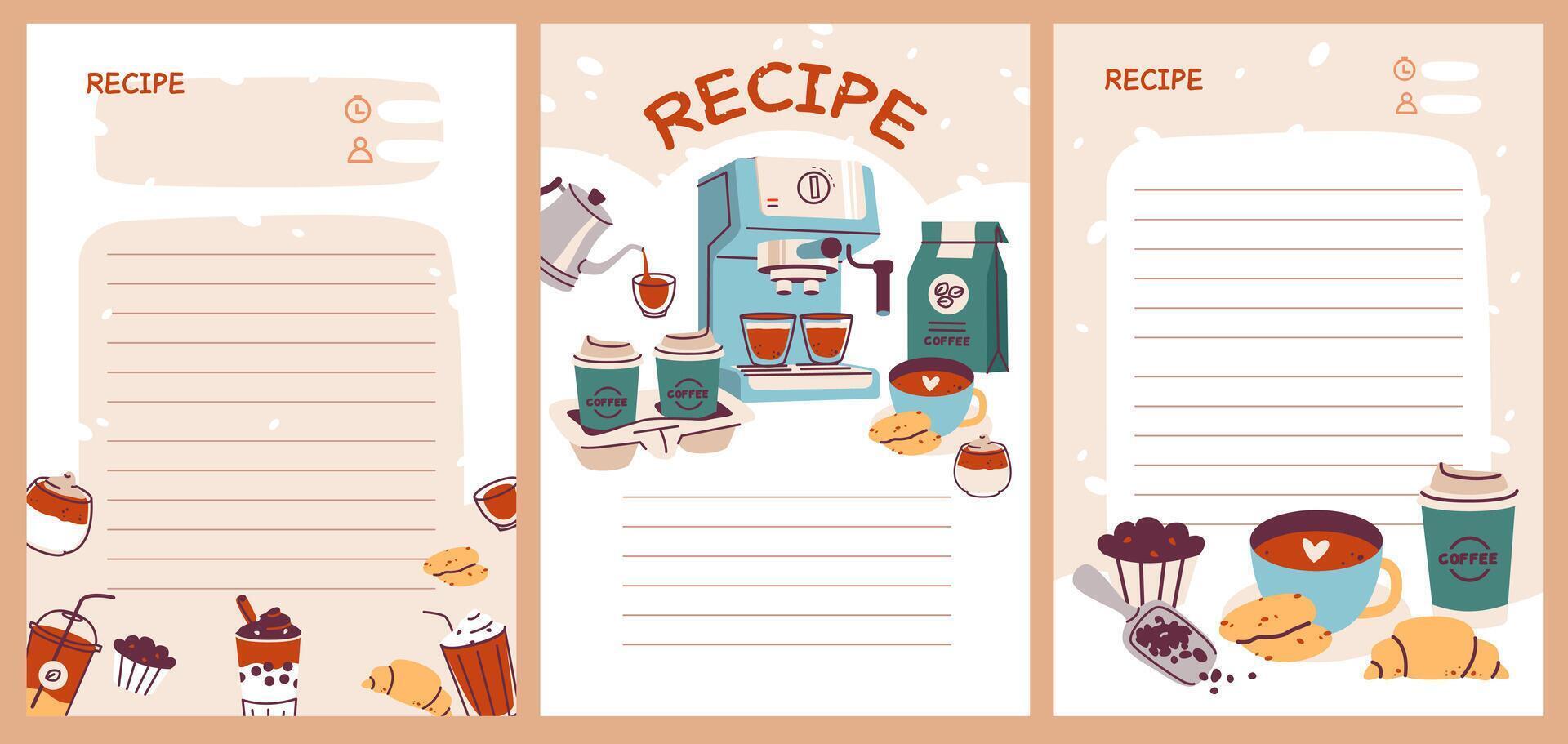 Recipe cards with different types of coffee and coffee machine. Template cookbook sheets for recipe, notes on cooking and ingredients. Flat vector illustration in minimalistic style