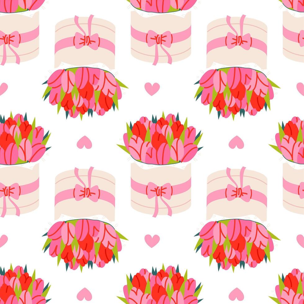 Bouquet with tulips seamless pattern. Floral print. Wrapping paper design for mother's day, women's day and birthday vector