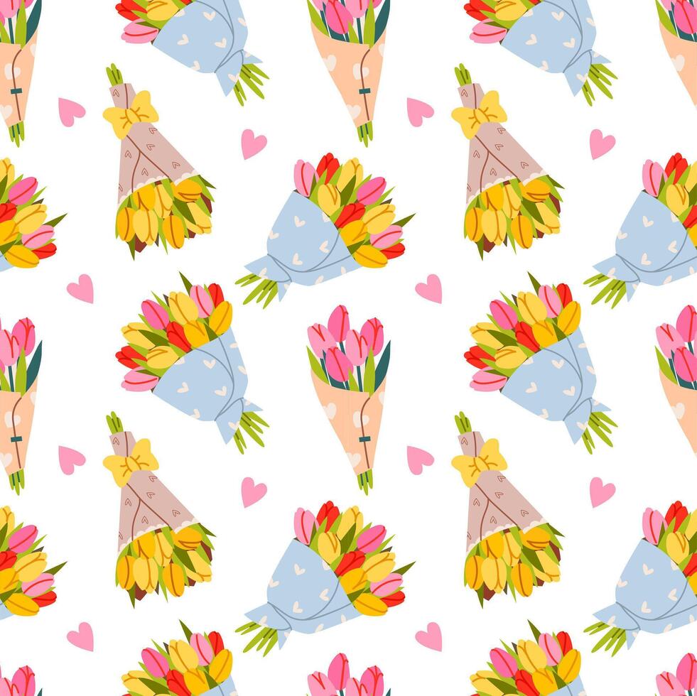 Bouquet with tulips seamless pattern. Floral print. Wrapping paper design for mother's day, women's day and birthday vector