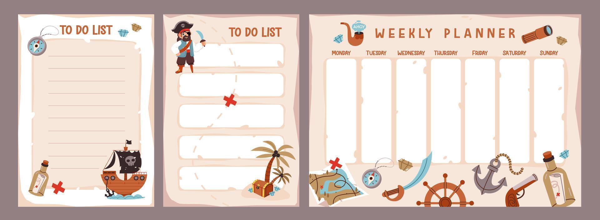 Pirates kids planner. Weekly planner for children with pirate theme elements. To do list with a ship, treasure. Vector template in flat style