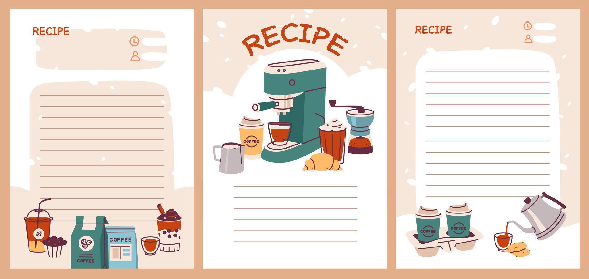 receta tarjetas con diferente tipos de café y café máquina. modelo libro de cocina hojas para receta, notas en Cocinando y ingredientes. plano vector ilustración en minimalista estilo