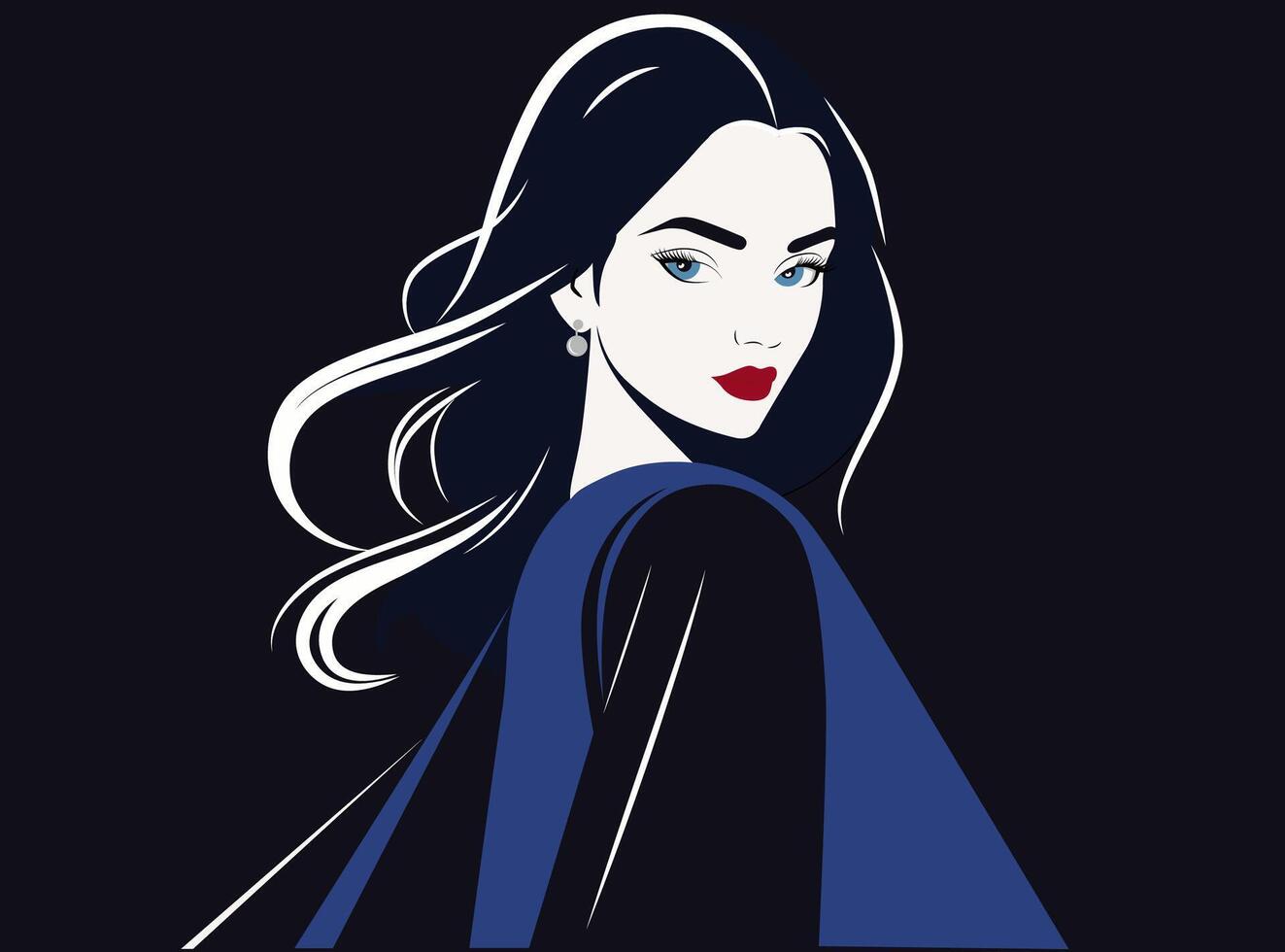 hermosa niña en un oscuro antecedentes en azul colores, departamento, Moda ilustración. vector
