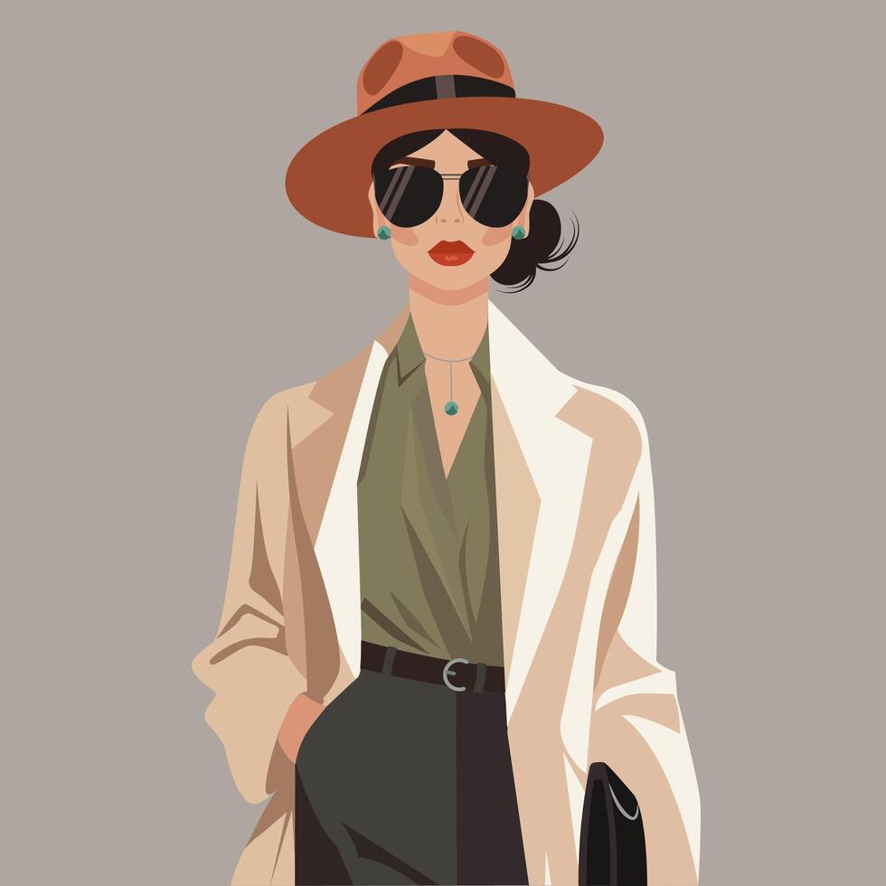 Fashion illustration of a stylish girl in a trench coat, hat and glasses. vector