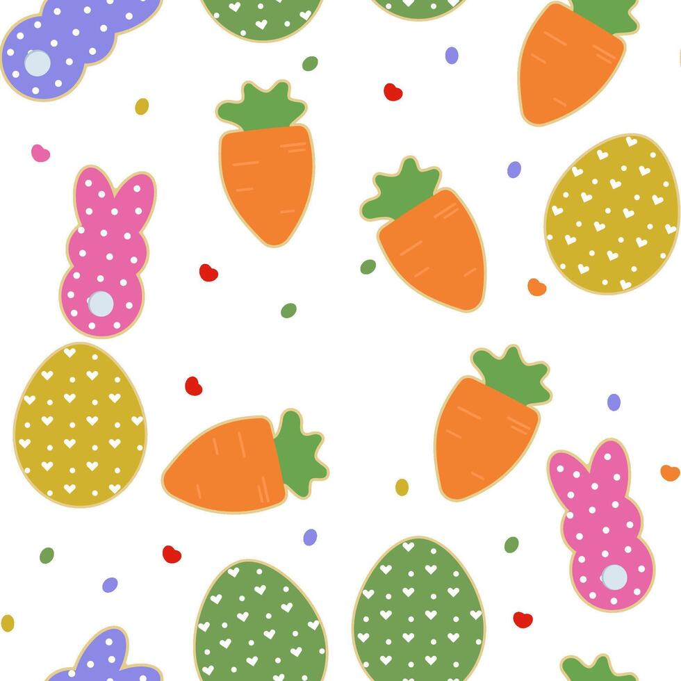 Easter pattern with eggs, carrots, bunnies and hearts in bright colors. vector