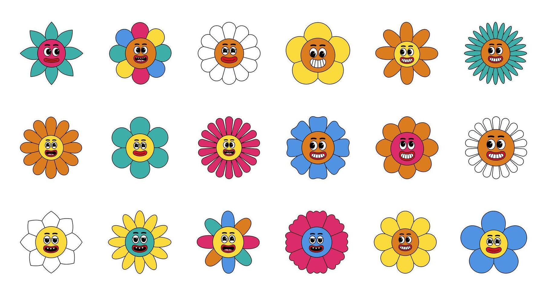 Groovy flower cartoon characters. Sticker pack in trendy retro trippy style. Hippie 60s, 70s style. vector