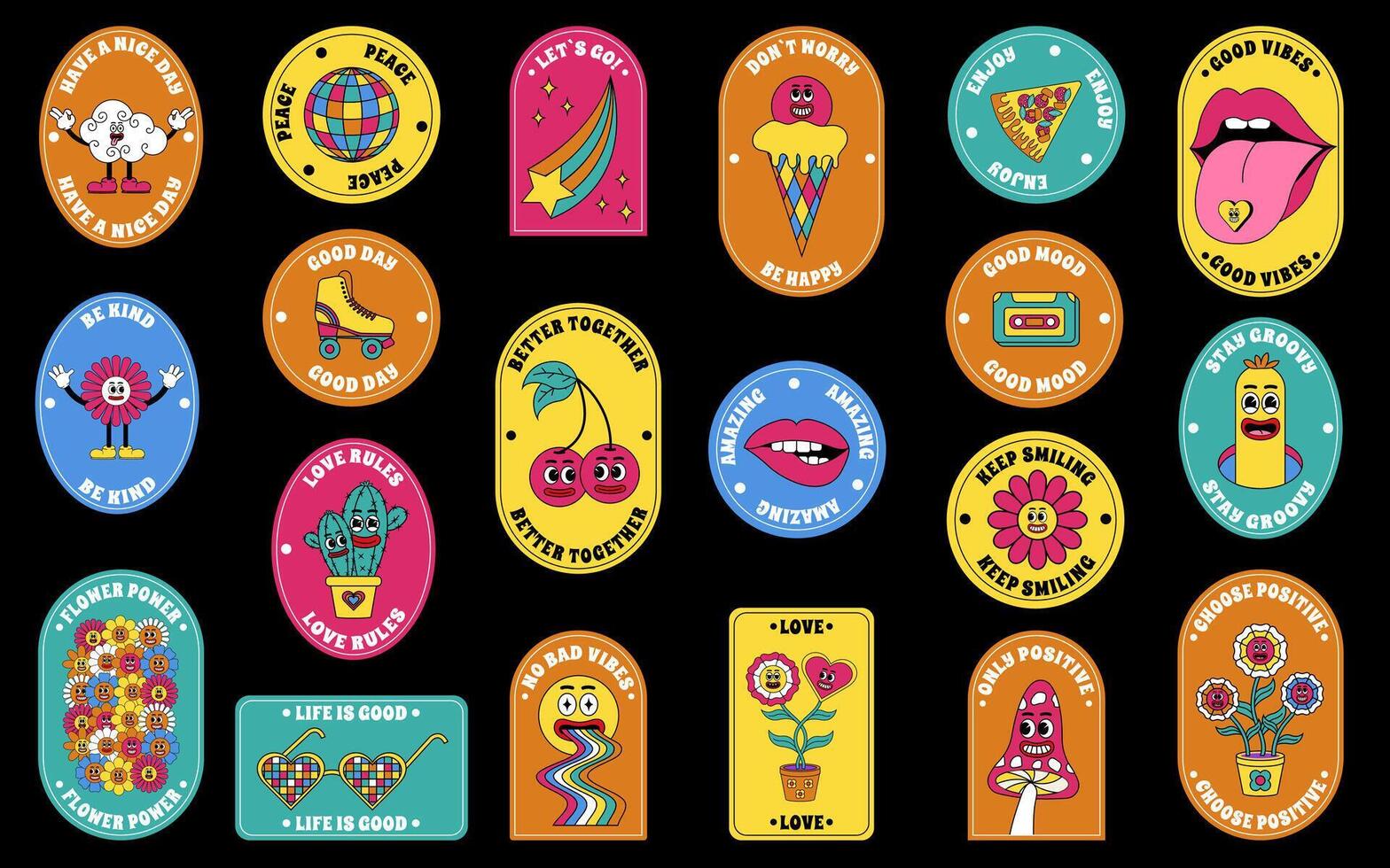 Groovy stickers set. Groovy hippie 70s stickers. Sticker pack in trendy retro psychedelic cartoon style. Isolated vector illustration.