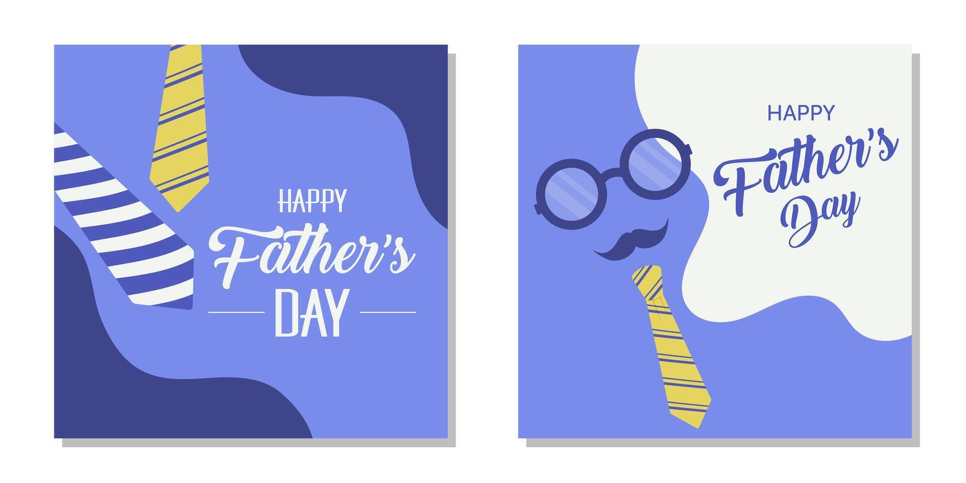 Minimalistic poster set for Father's Day with blue backdrop and mustache, tie, and glasses. vector