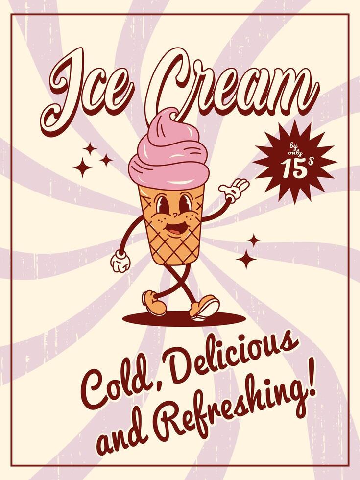 Poster in retro groovy style with ice cream. The poster is great for cards, brochures, flyers, and advertising poster templates. It is a vector illustration.