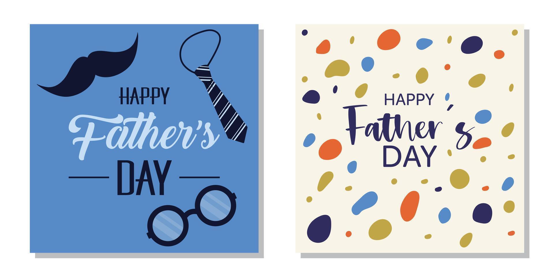 Father's Day greeting card set design with tie glasses and mustache. The set is great for social media posts, cards, brochures, flyers, and advertising poster templates. Vector illustration.