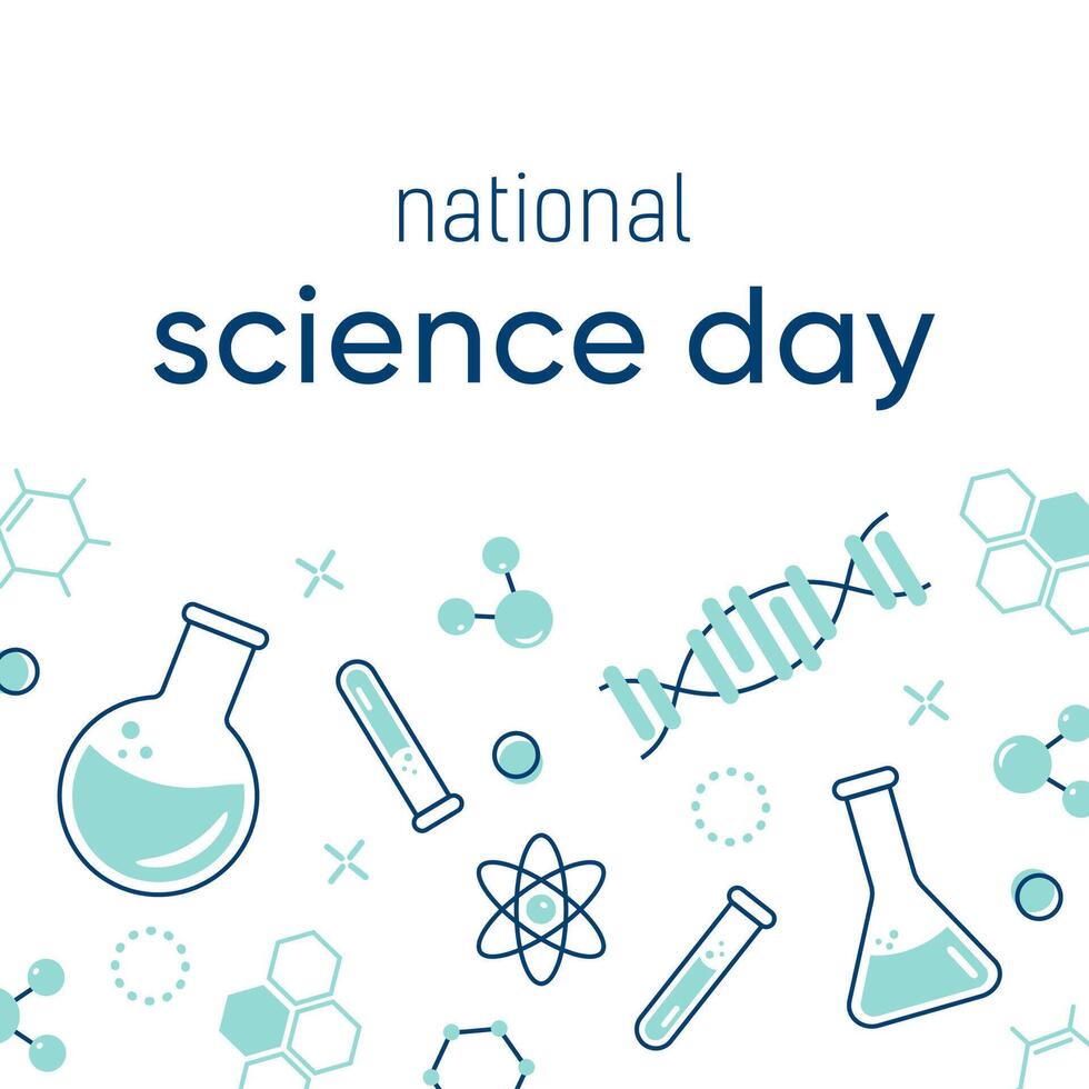 Background illustration for national science day with image of flask, test tube, chemical elements vector