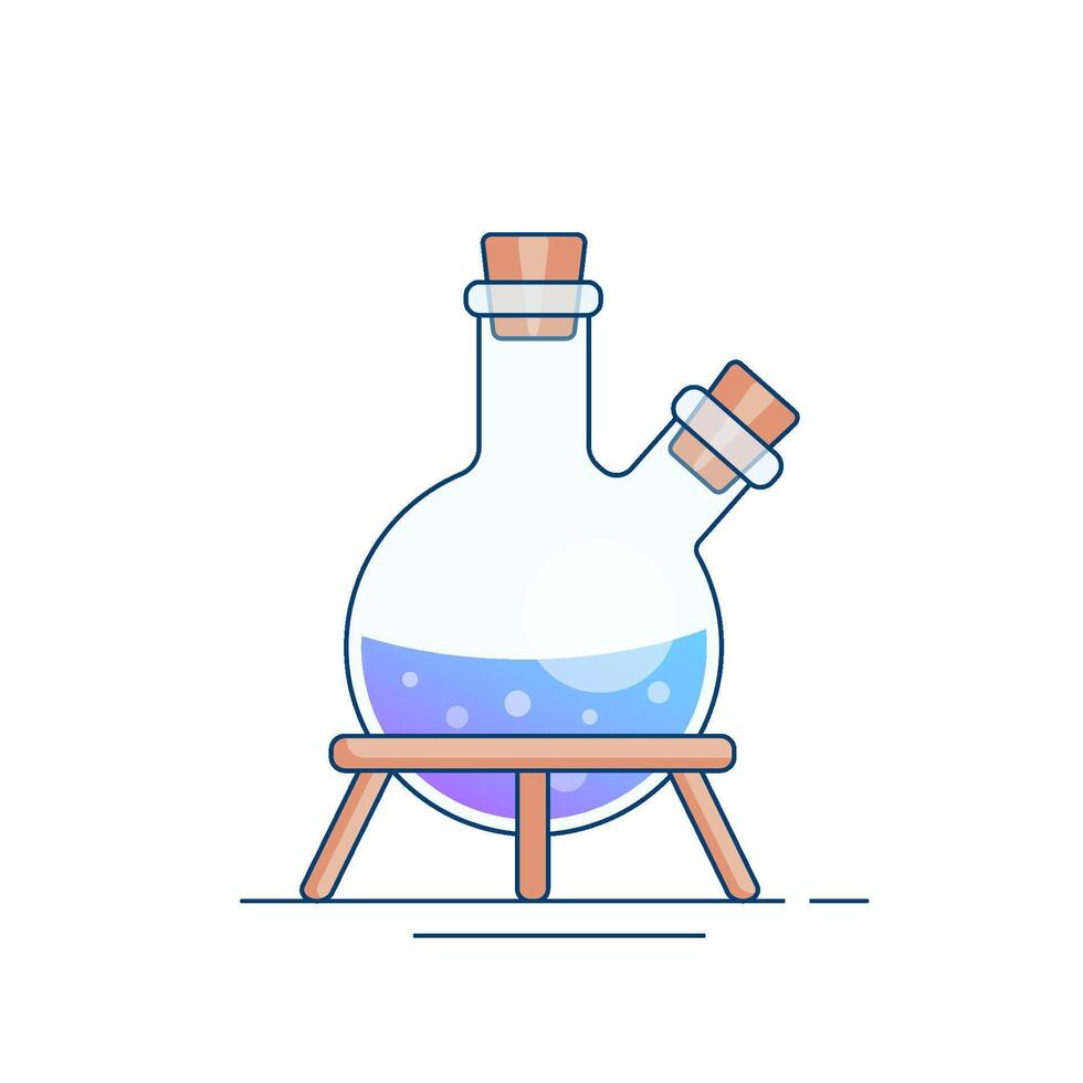 Glass round chemical flask with two necks and reagent. Modern flat design for chemistry, biotechnology, biology vector