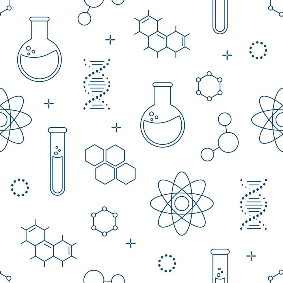 Seamless pattern on the topic of chemistry with flasks, test tubes, molecules vector
